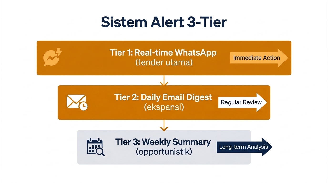 Sistem alert 3-tier: real-time WhatsApp, daily email, weekly summary