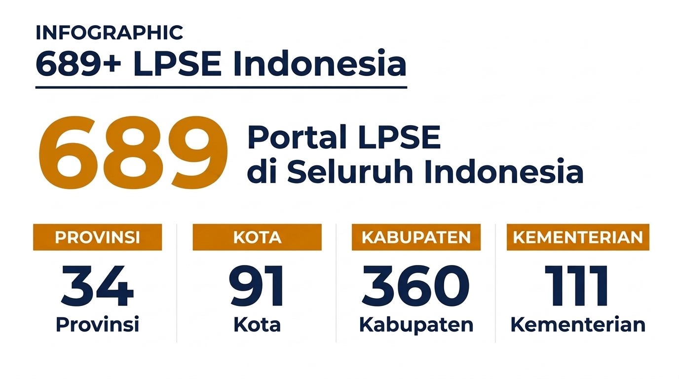 Infografis 689+ LPSE Indonesia: 34 provinsi, 91 kota, 360 kabupaten, 111 kementerian