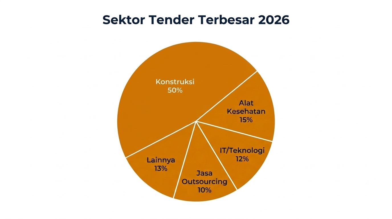 Pie chart sektor tender terbesar 2026: konstruksi 50%, kesehatan 15%, IT 12%