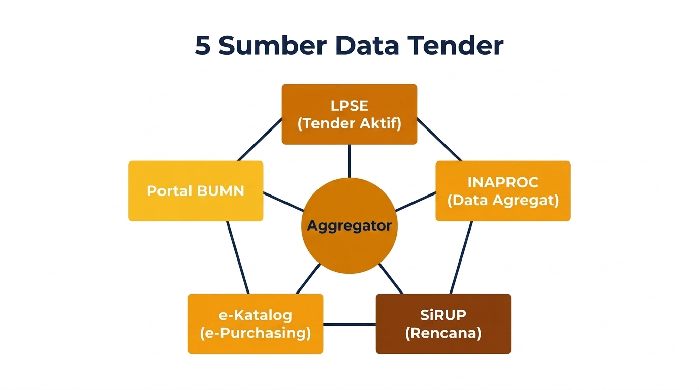 Diagram 5 sumber data tender: LPSE, INAPROC, SiRUP, e-Katalog, Portal BUMN