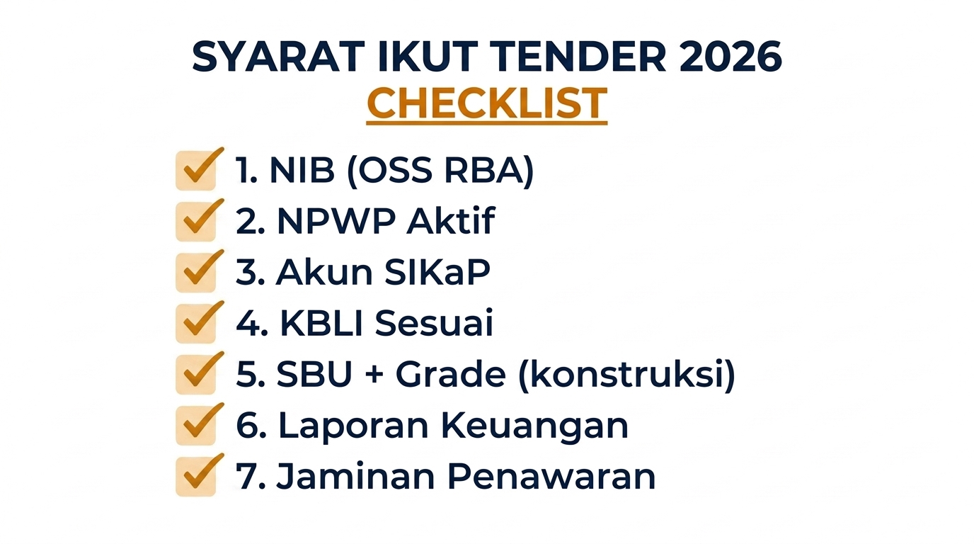 Checklist 7 syarat ikut tender 2026: NIB, NPWP, SIKaP, KBLI, SBU, keuangan, jaminan