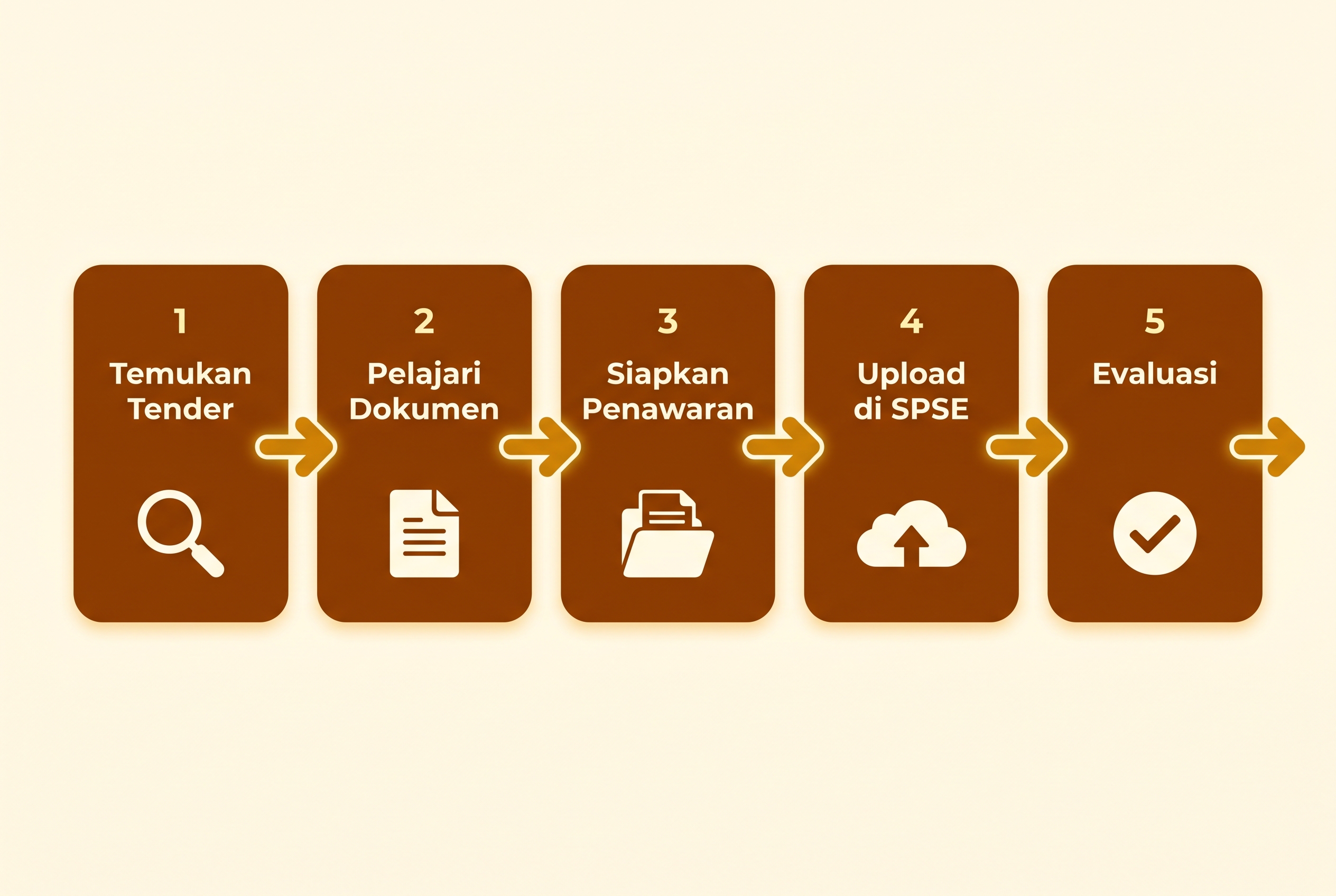 5 langkah ikut tender pemerintah: temukan tender, pelajari dokumen, siapkan penawaran, upload di SPSE, evaluasi